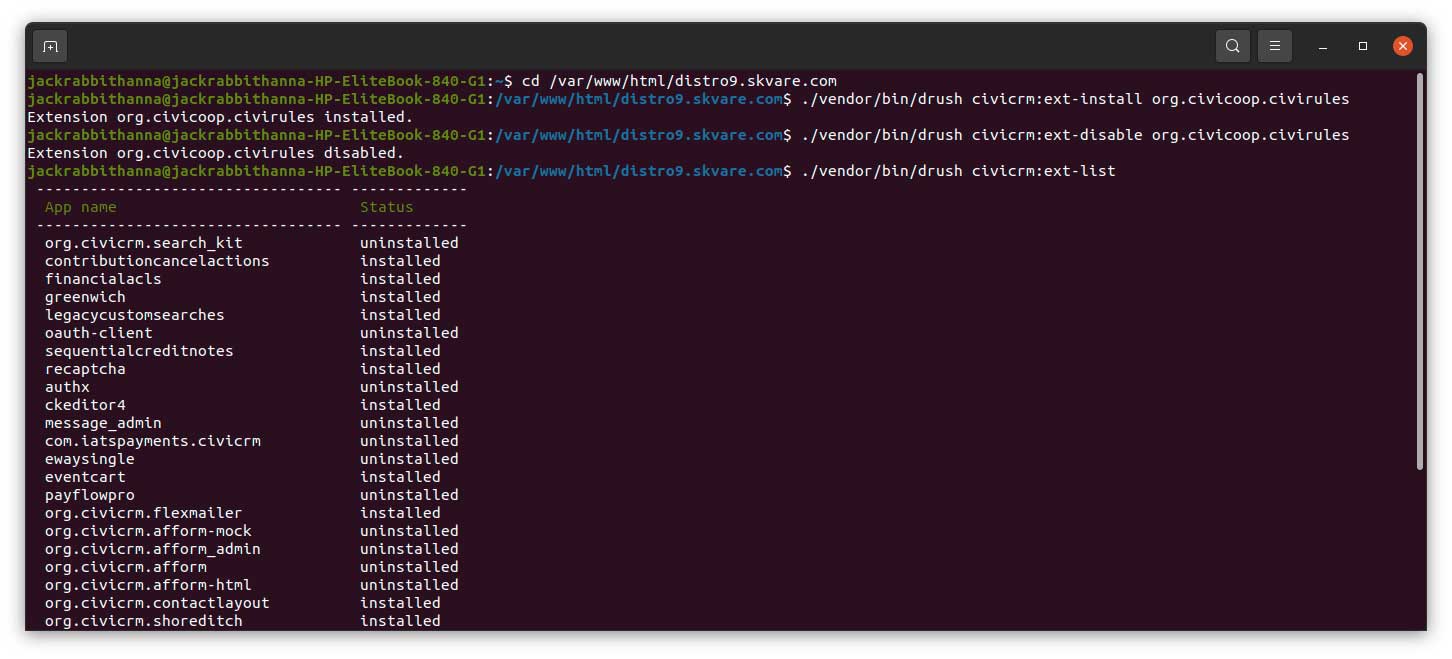 A command-line terminal showing commands run for CiviCRM Drush.
