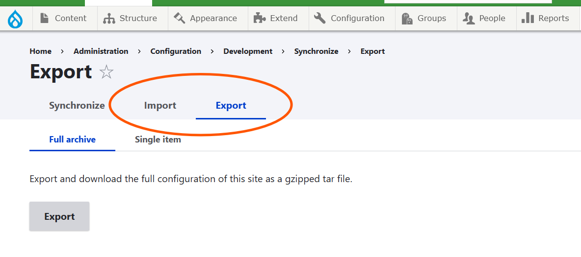 Screenshot of the Configuration Sync screen, emphasizing the menu tabs for Import and Export