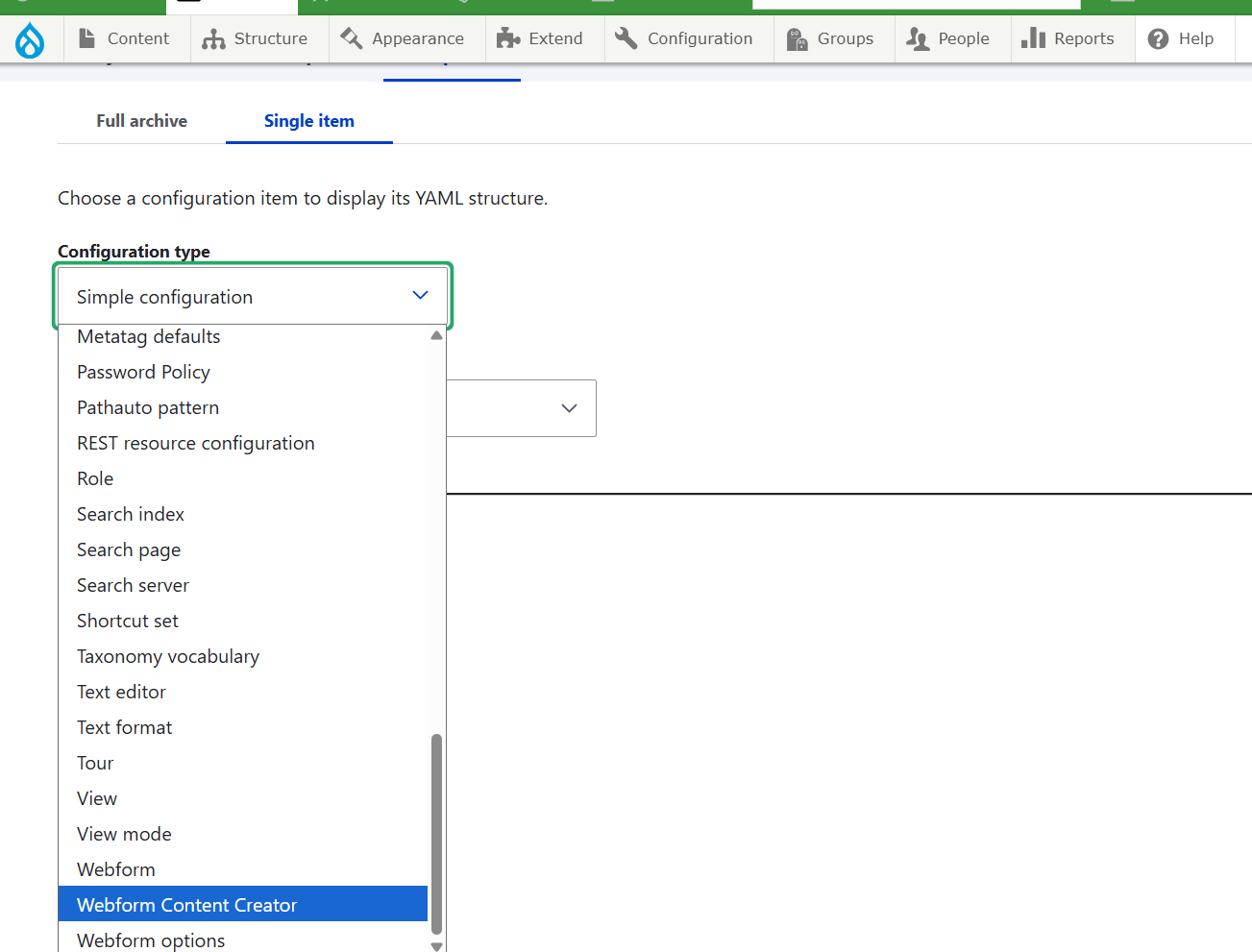 Screenshot of the Config Sync screen with the Configuration Type dropdown expanded. A list of Drupal configuration types is shown. It includes some common config types such as View and Webform.