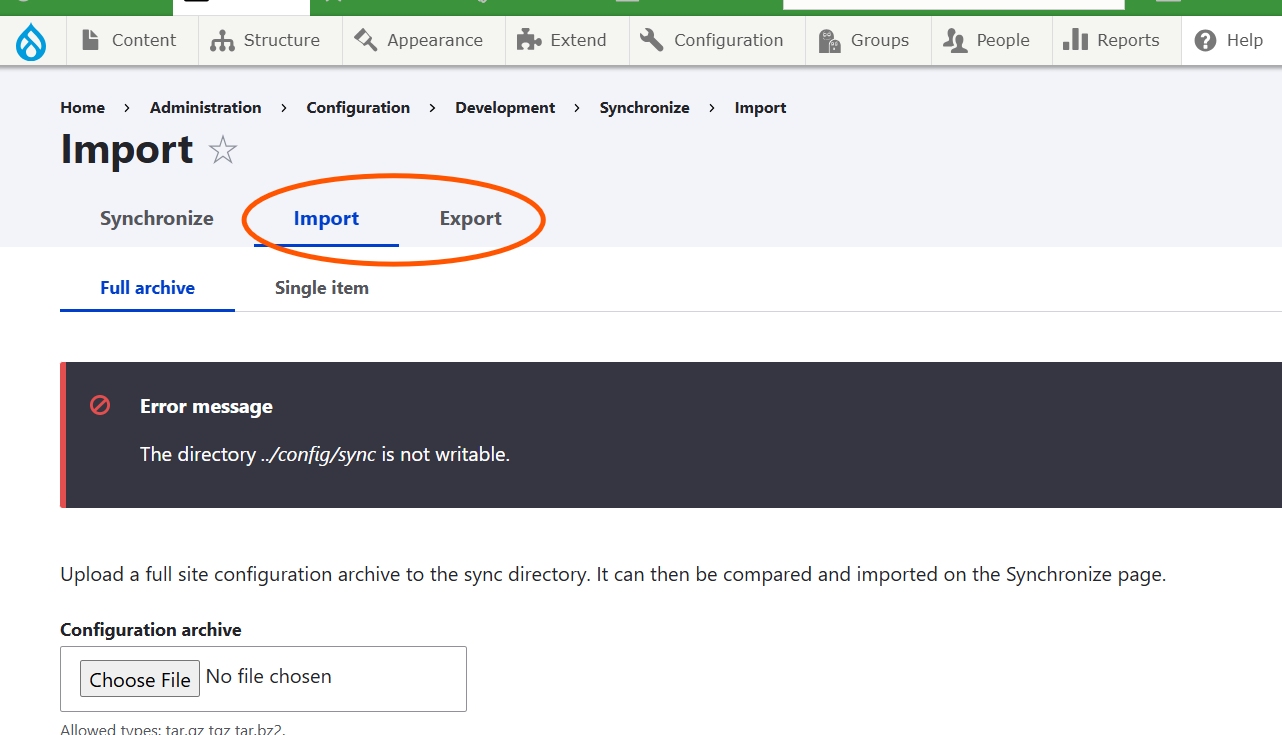 Screenshot of the Config Sync screen with the main Import and Export tabs emphasized. The Import tab is selected.