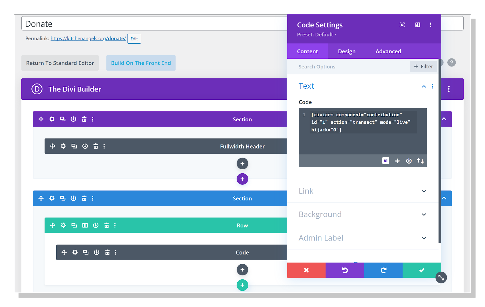 Wordpress Divi Builder with CiviCRM contribution Shortcode