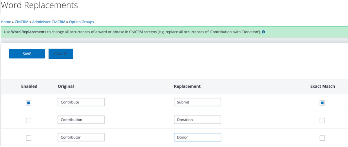 Using CiviCRM's word replacement feature to customize the system to an organization's needs
