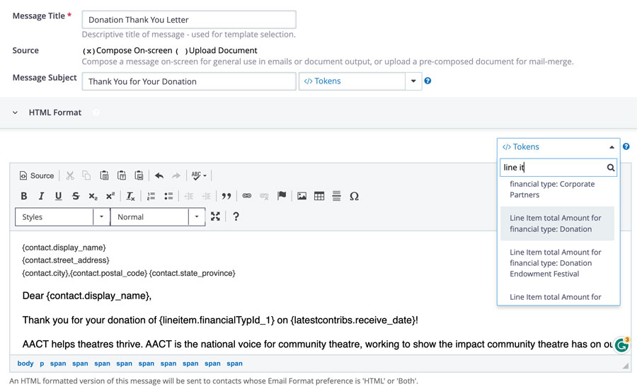 Photo of the custom token being used in a workflow email to donors to AACT