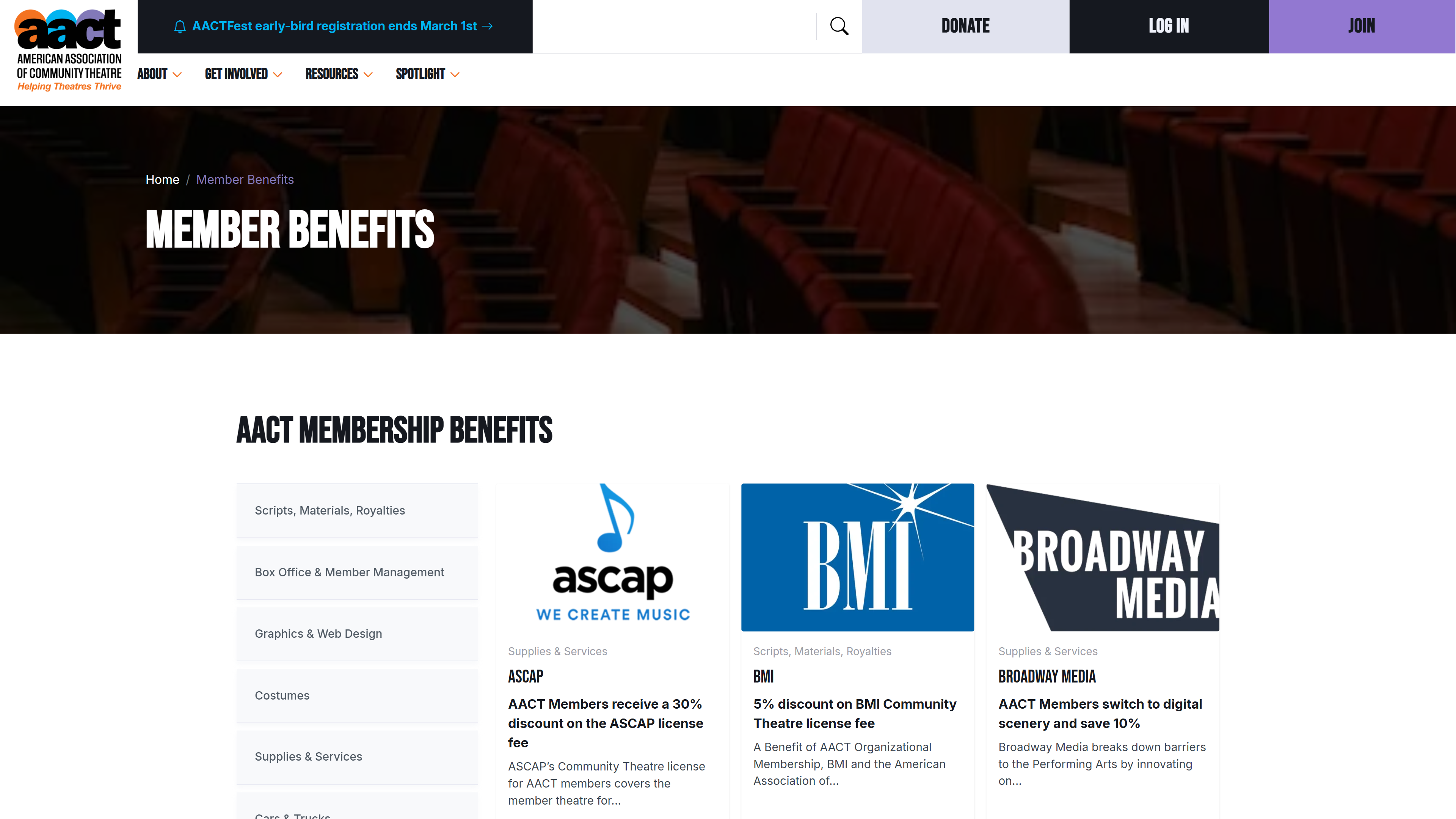Screenshot of AACT Member Benefits page shows offers and discount listings for members.