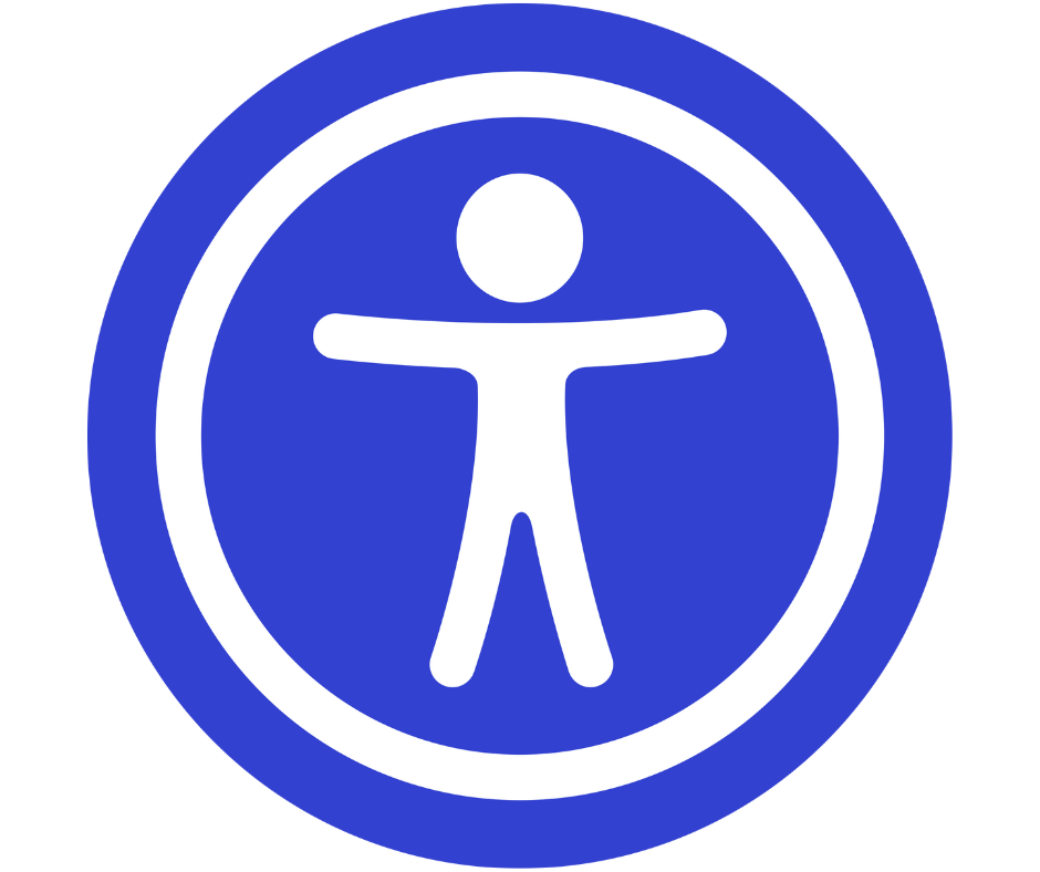 Accessibility icon graphic is a circle with a stick figure iwth arms outstretched.