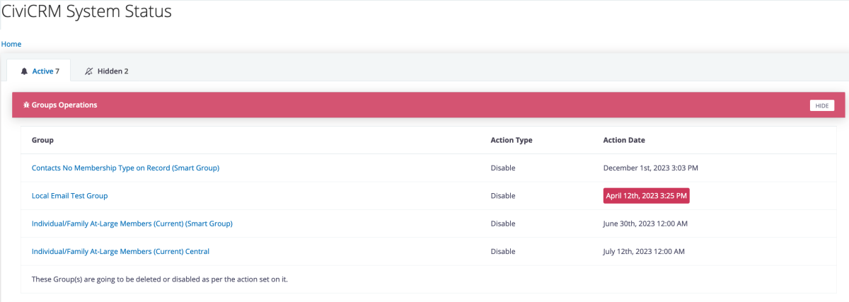 Screenshot of the CiviCRM System Status screen displaying groups and the last action date.