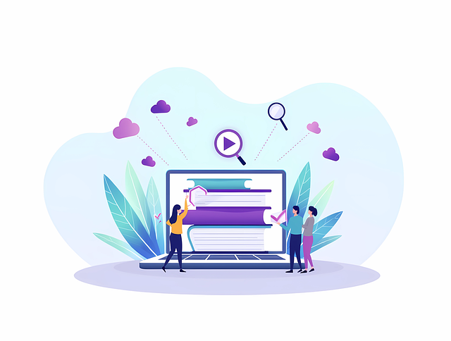 An illustration of tiny people working no a website on a large laptop