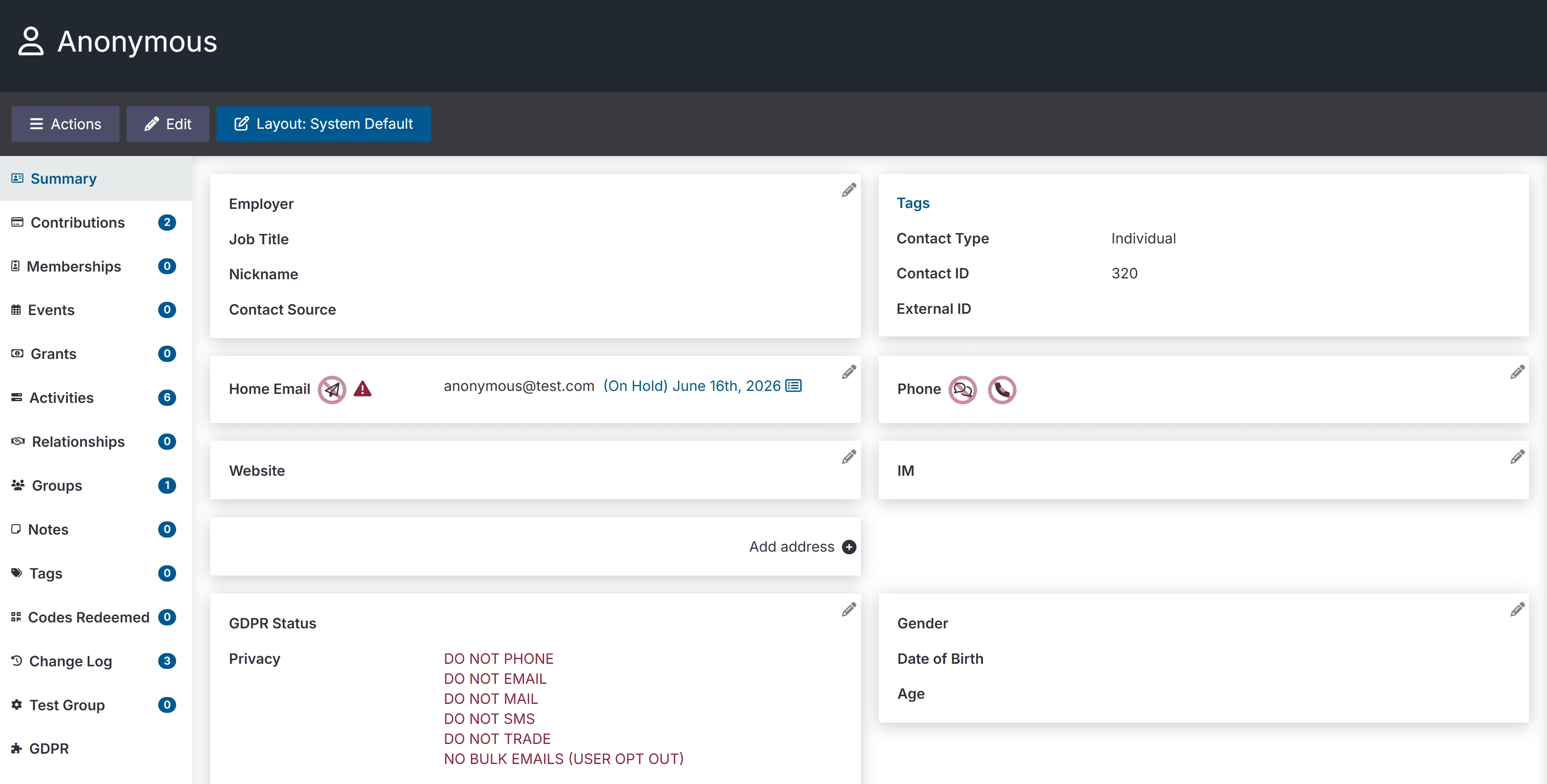 civicrm contact showing all data anonymized
