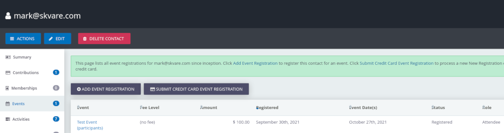 Contact Summary event registrations