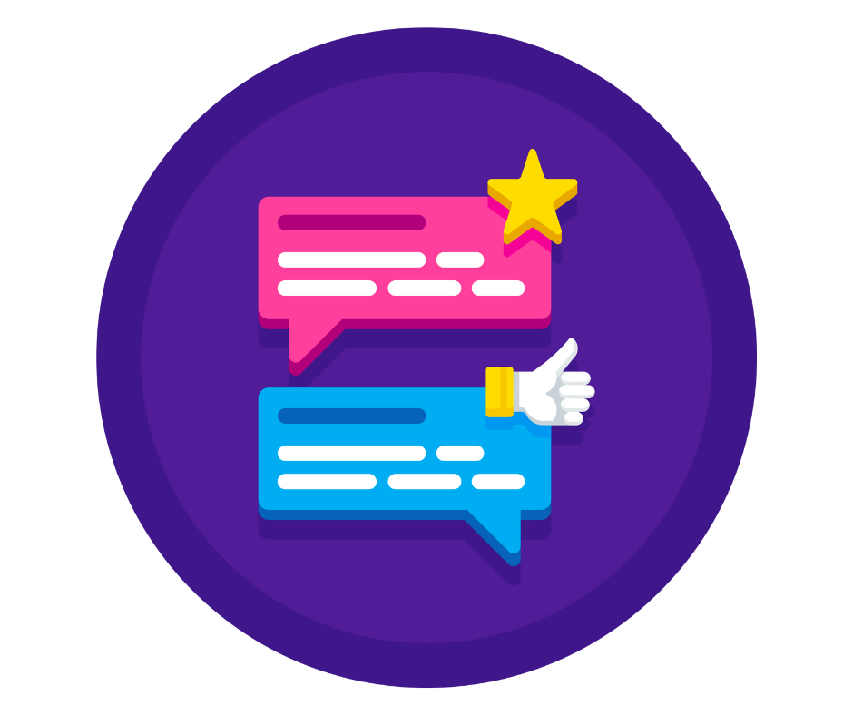 Circle chat bubble with stars indicating positive testimonial.