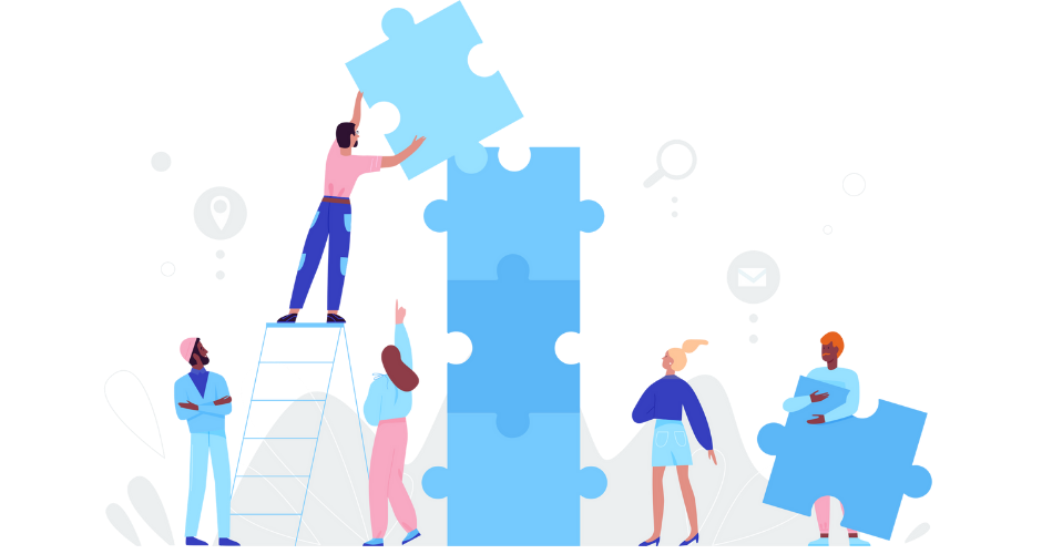 People stacking puzzle pieces together to make a tall outcome.