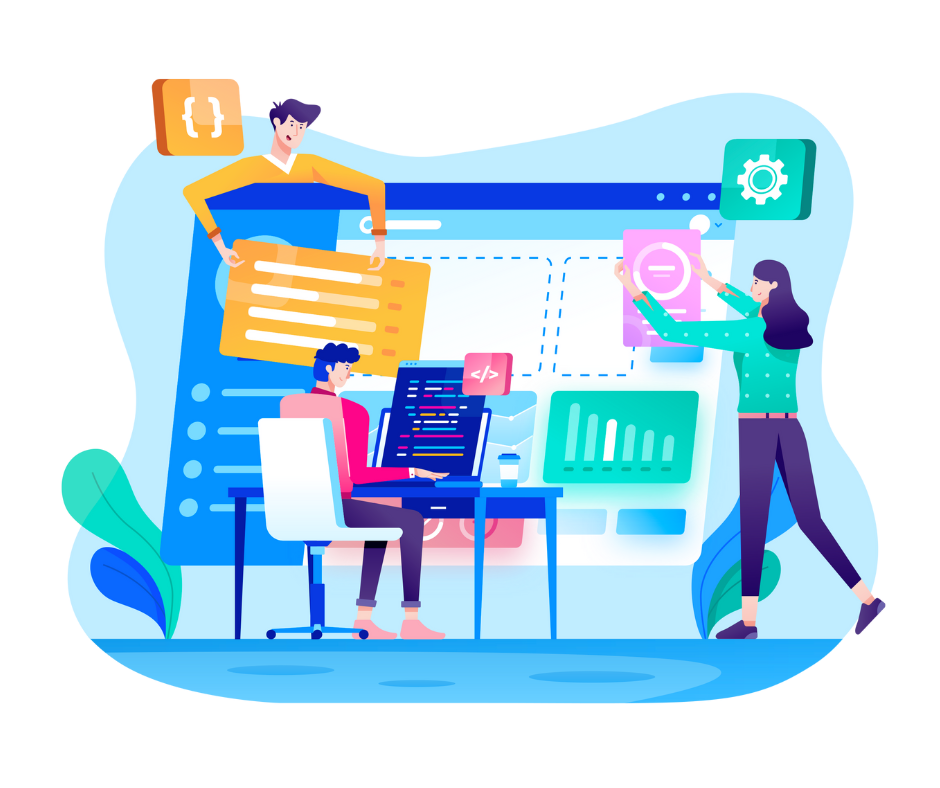 Graphic has 3 people piecing icons of code together indicating system development.