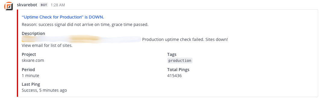 Skvare's custom uptime checker note in Mattermost alerting production site is down.