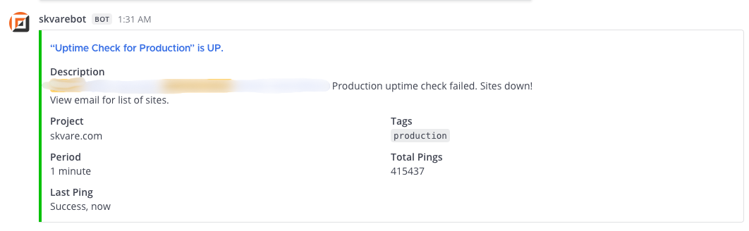 Skvare's custom uptime checker showing note in Mattermost that production site is back up.