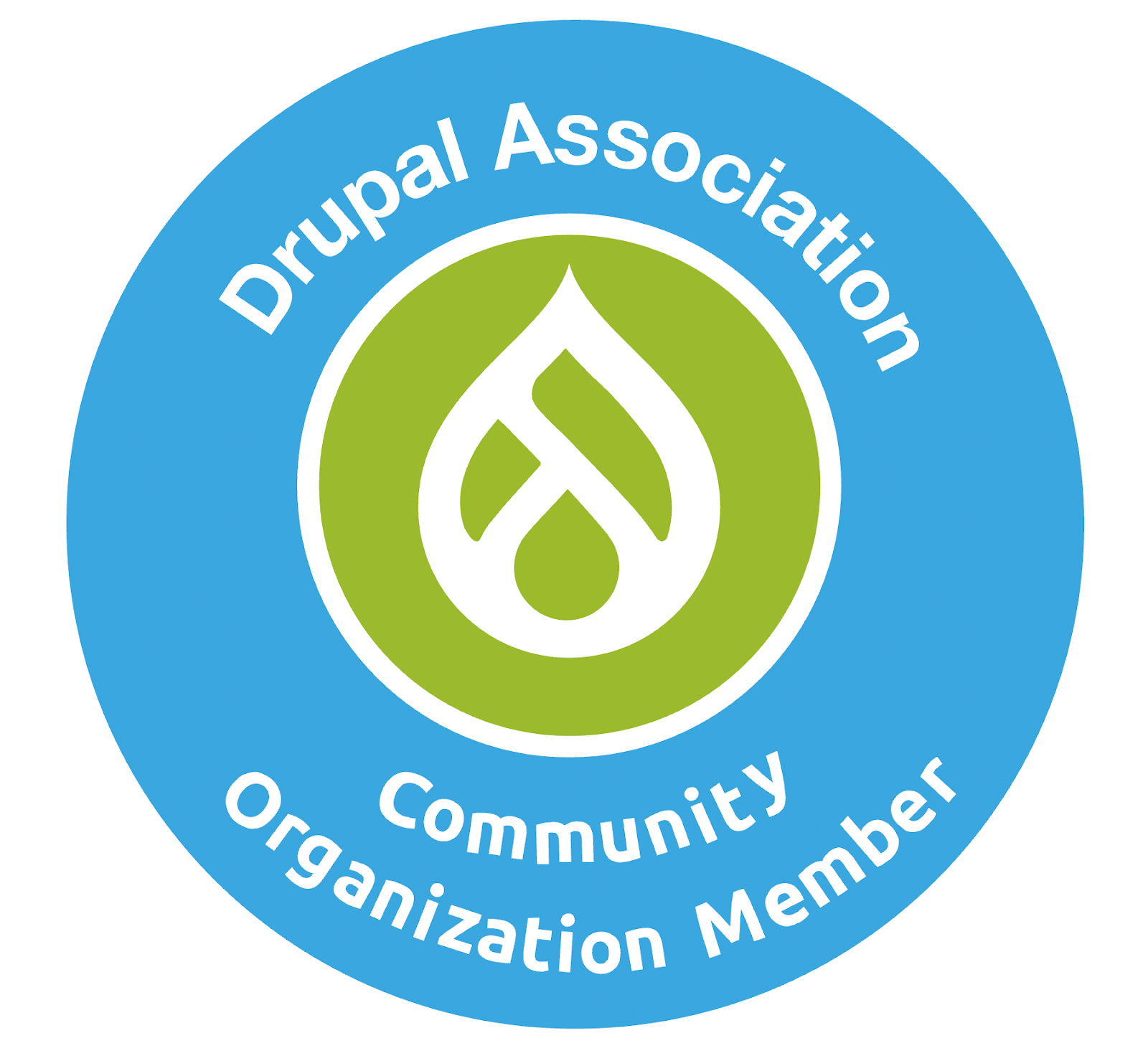 Drupal Association Community Member Badge is a circle with Drupal logo in the center.