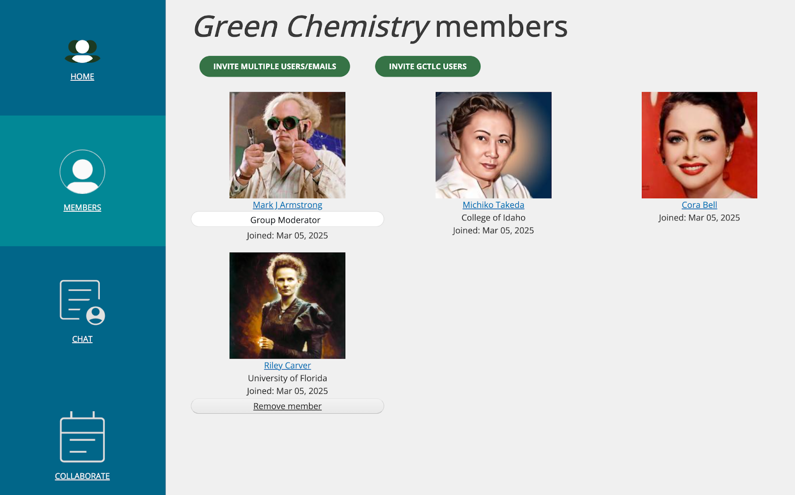 Website dashboard showing Green Chemistry Members.