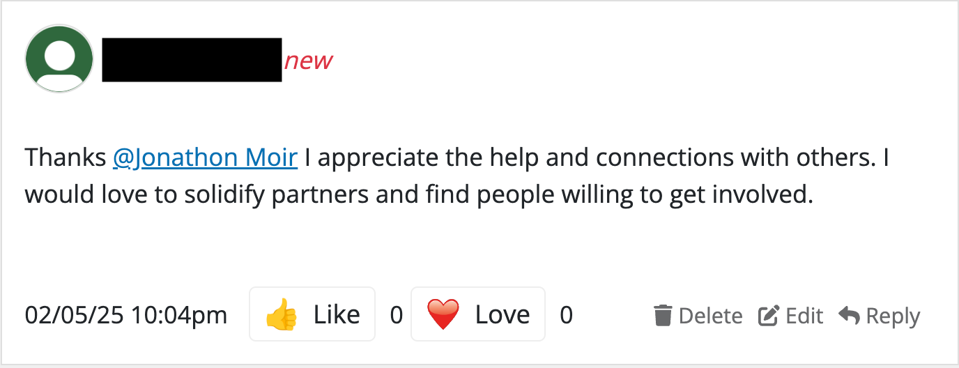 Website screenshot of a forums comment that has a note of appreciation for connecting in the network.