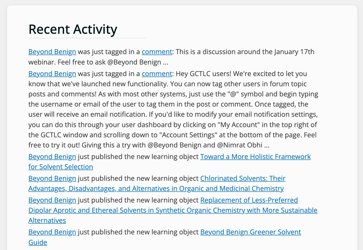 Website screenshot of notifications of recent activity. The listed activity shows most recent. The top notification shares that Beyond benign was just tagged in a forum comment.