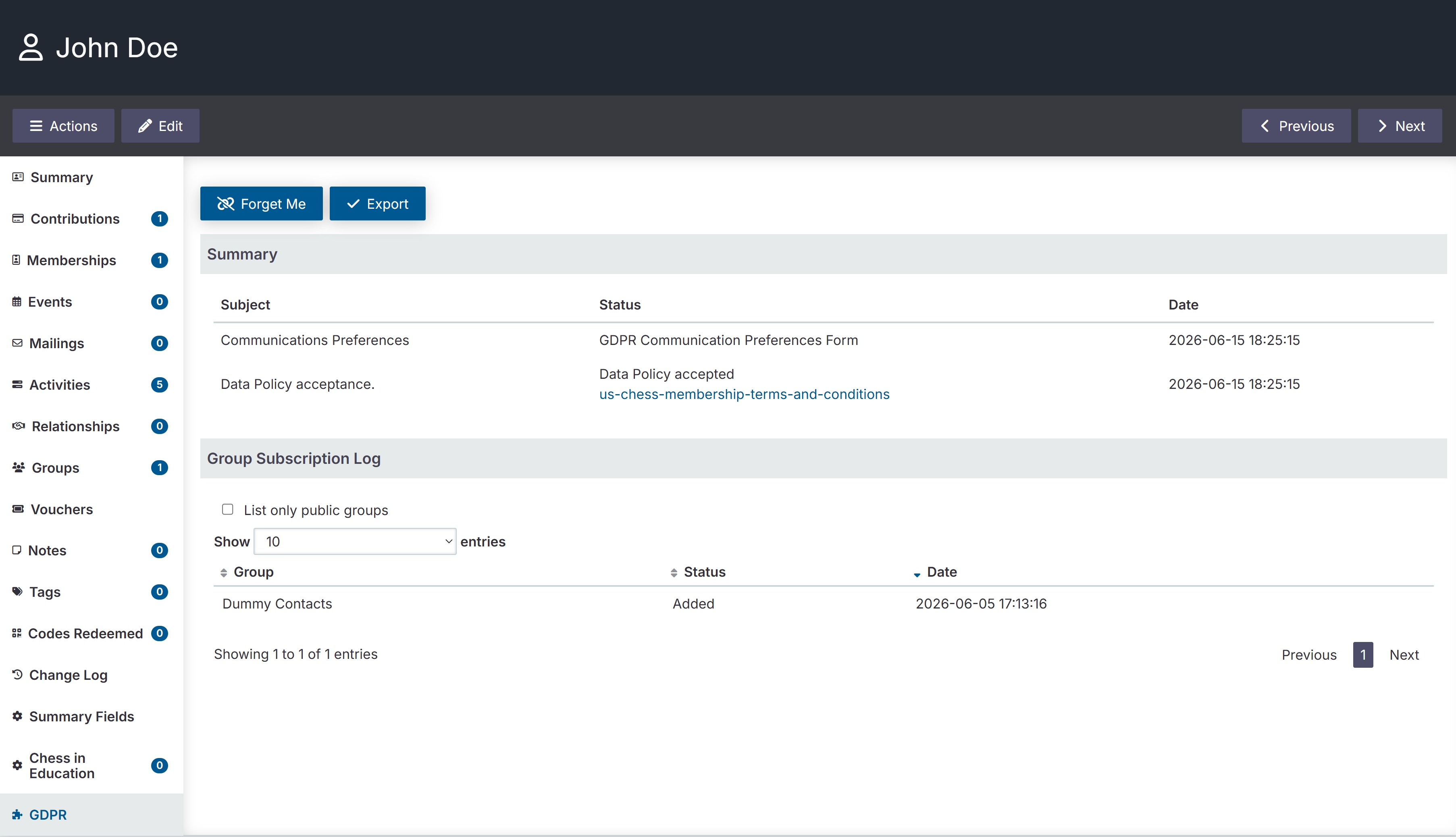 CiviCRM contact for John Doe with the GDPR tab selected and summary of communication preferences and data policy acceptance