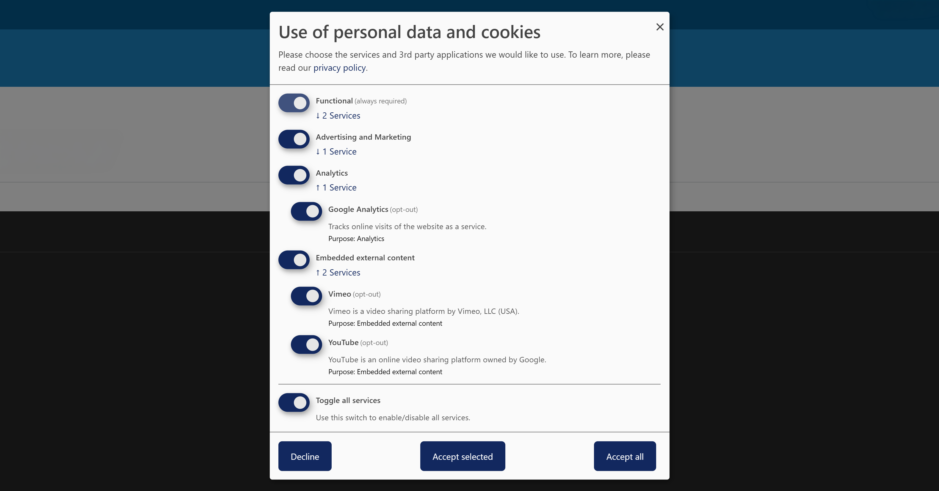 popup with options to track personal data and cookies