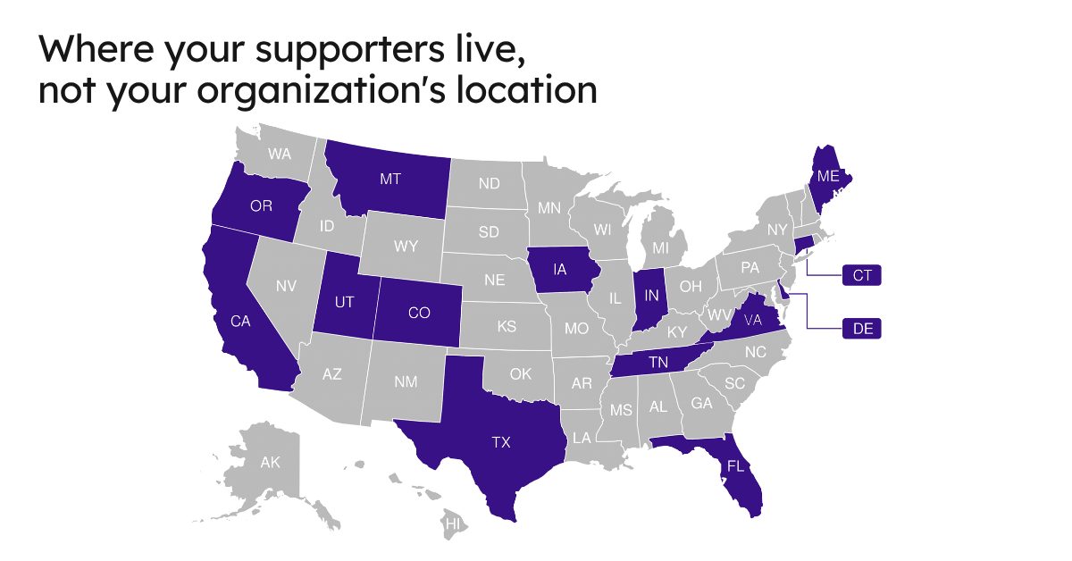 Map of the united states with 14 states highlighted in purple