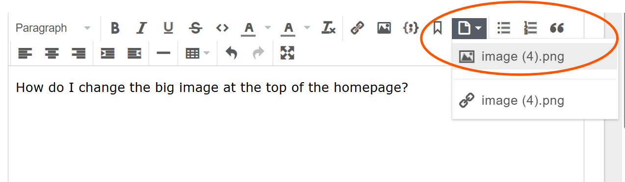 Screenshot showing the paper icon and the embed image menu option
