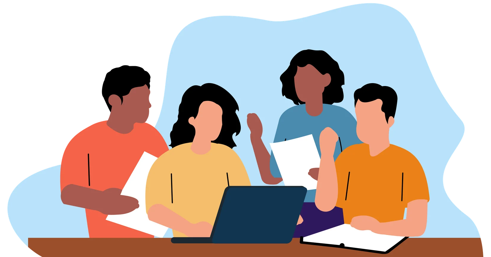 Illustration of two boys and two girls sitting around a computer with papers
