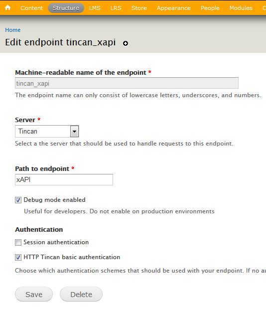 Drupal LRS API endpoint settings