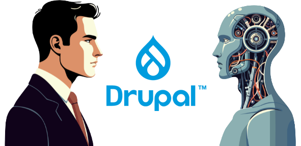 illustration of human and robot staring at each other with a Drupal logo in between them.