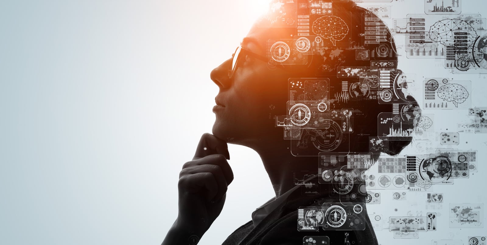 woman thinking with digital imagery of brains and artificial intelligence