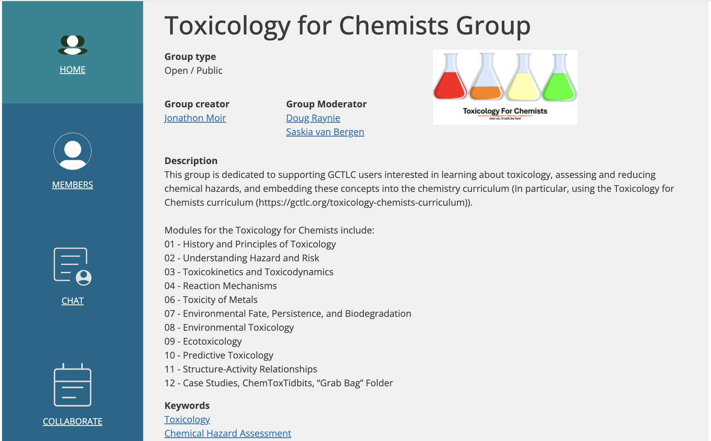 A screenshot of the Toxicology for Chemists Group on the GCTLC website shows the group homepage which includes the type of group, who created the group, and the names of the group moderators. 