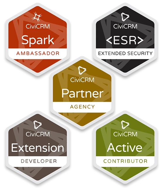 CiviCRM badges for Spark Ambassador, ESR Extended Security, Partner Agency, Extension Developer, and Active Contributor